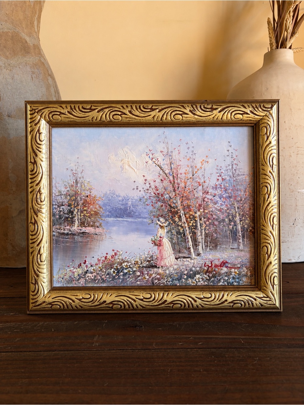 Vtg Original Signed Walton “Lady by the Water” Impressionist Landscape Painting